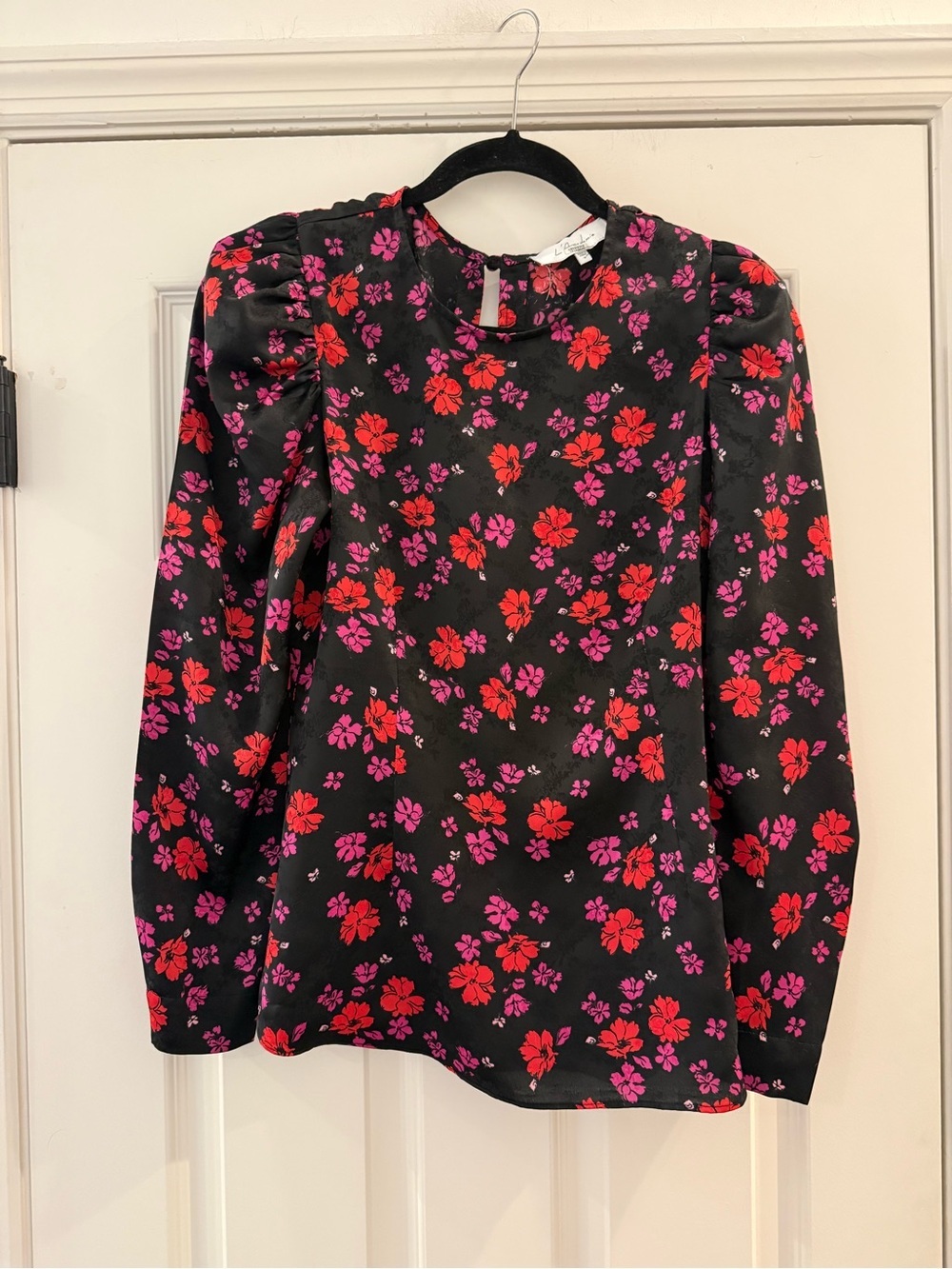 L’Academie Eleonora Black Floral Long Sleeve Puff Shoulder Blouse Sz Small - Picture 4 of 7